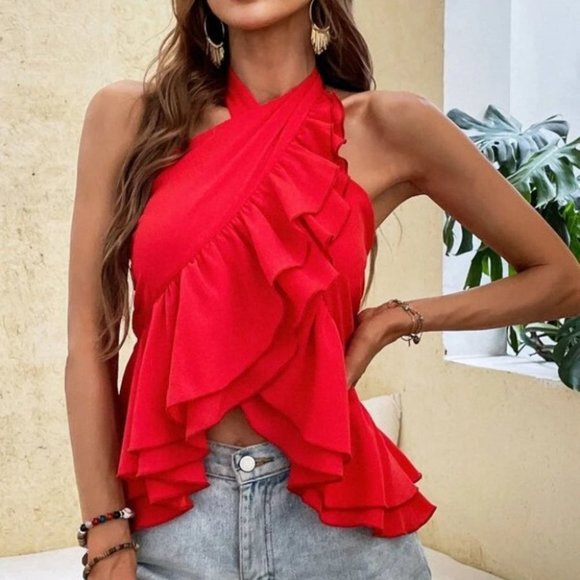 RED BOHO VIBES Ruffle Hem Halter Shirred Back Blouse Top - Picture 5 of 7